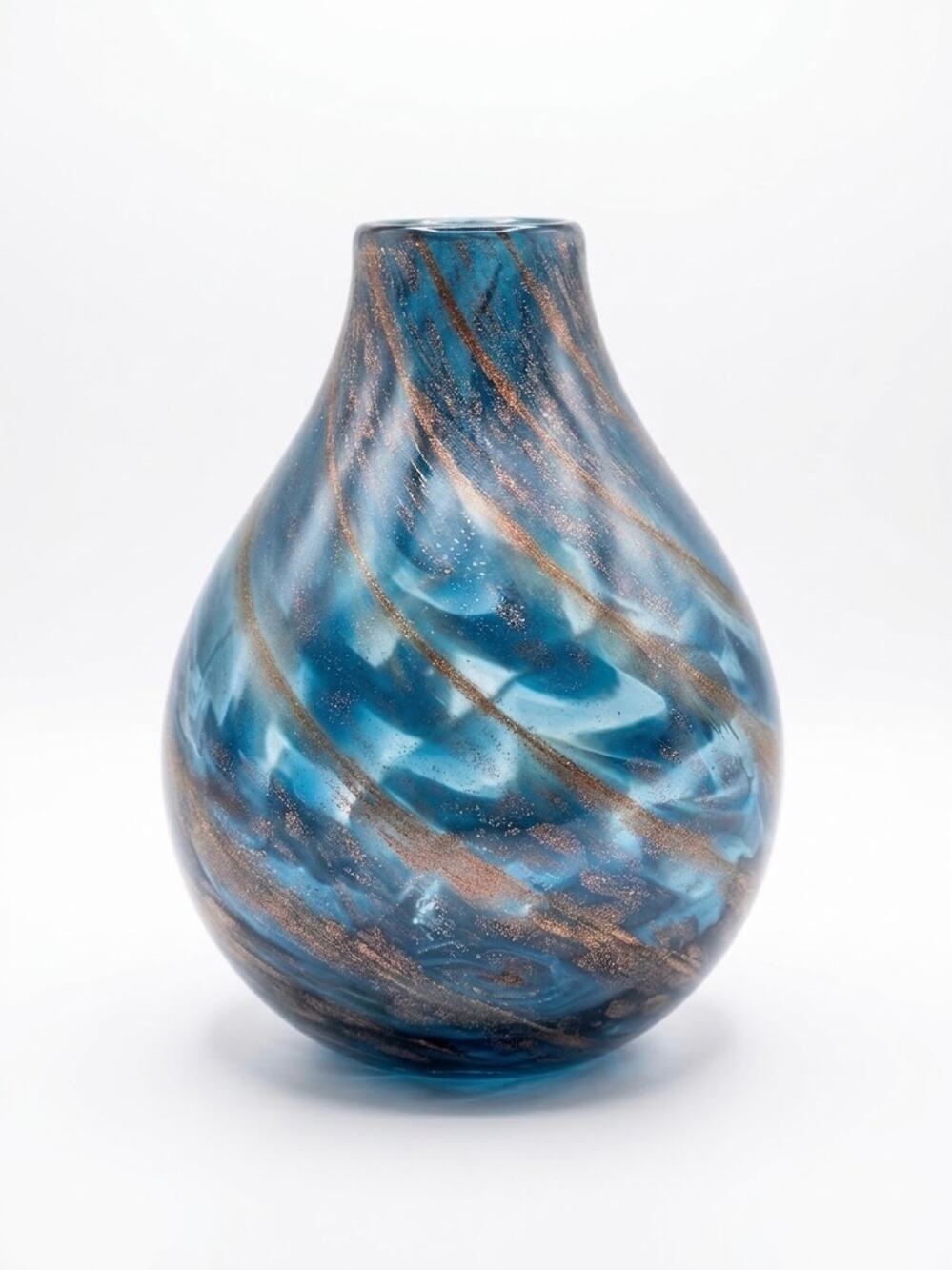 Vintage Hand Blown Blue Art Glass Vase Copper Gold Aventurine Swirl Teardrop 11"